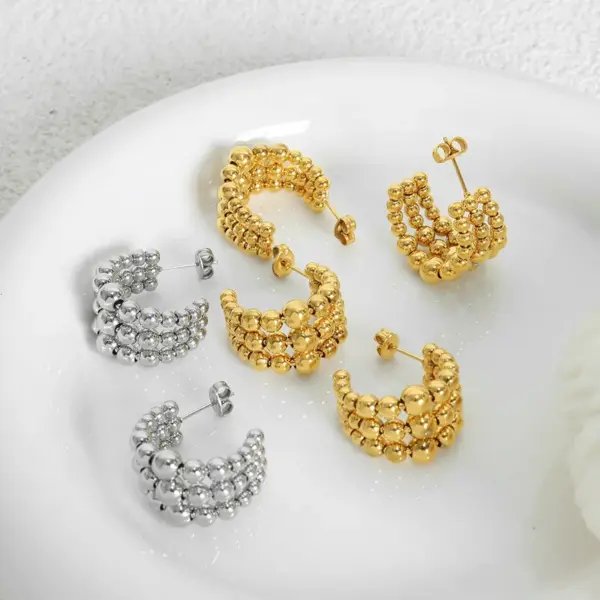 Wholesale 304 Stainless Steel C Shape Ball PVD Coated 18K Gold Plated Real Gold Plated Hip-Hop Vintage Style Simple Style Waterproof Non Tarnish Patchwork Plating Ear Studs