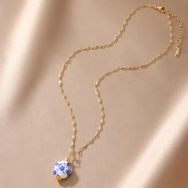 Wholesale Jewelry Chinoiserie Classical Geometric 304 Stainless Steel Ceramics Plating Cable Chain Pendant Necklace