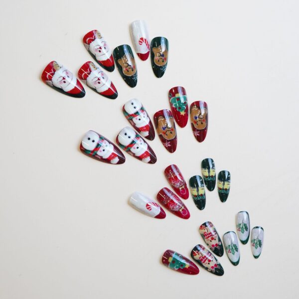 Wholesale WM-300 Christmas Special Edition False Nails: Almond Christmas Red and Green Reindeer, Gingerbread Man, Snowman - Nail Tips