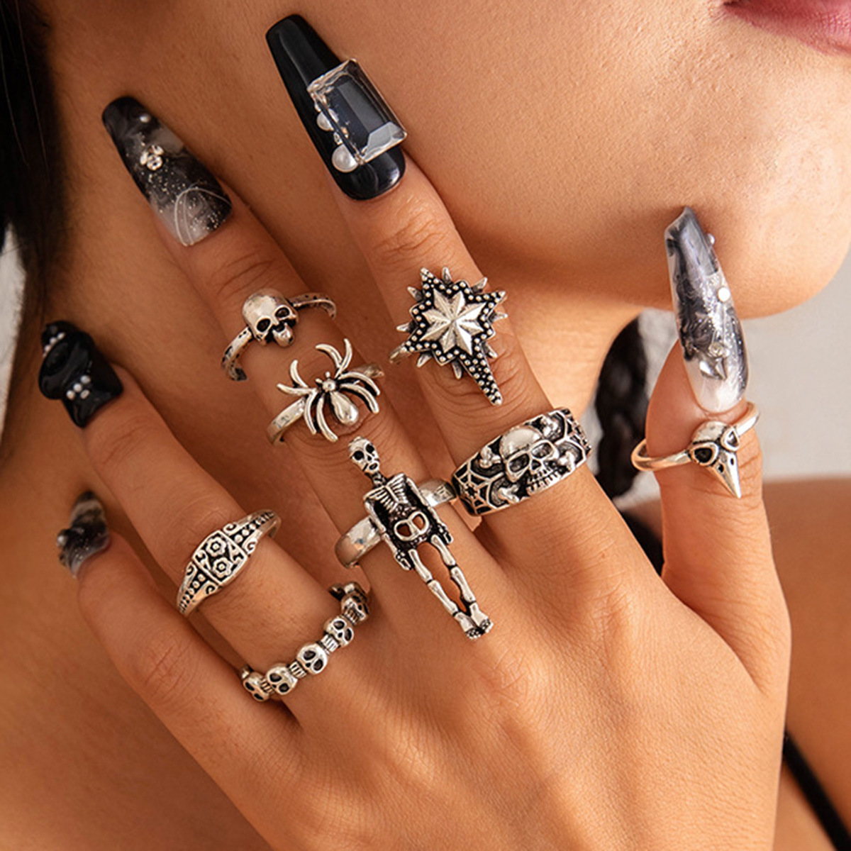 Wholesale dark punk style skull ring set