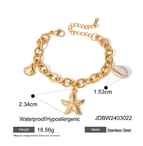 PVD Coated Real Gold Plated 18K Starfish Shell 304 Stainless Steel Basic Vacation Classic Style Waterproof Non Tarnish Bracelets