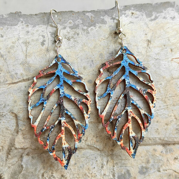 Wholesale Colorful Bohemian retro distressed hollow leaf wood earrings