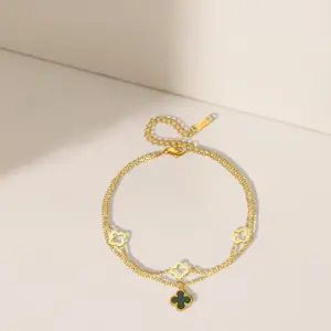 J05023-Black Shell Four-leaf Flower Anklet- Gold