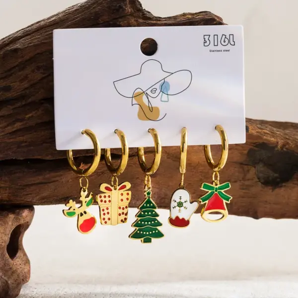 Wholesale 1 Set Christmas Sweet Christmas Tree Santa Claus Snowman Enamel Hollow Out 304 Stainless Steel Drop Earrings