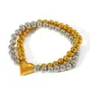 Wholesale Luxurious Double Layer Heart Shaped Pendant Beaded Bracelet 18K Gold Plated Stainless Steel Elastic Line For Women Casual Classic Style