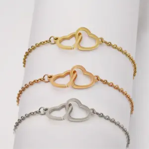 Wholesale PVD Coated 18K Gold Real Gold Plated Heart Shape Stainless Steel Sweet Waterproof Non Tarnish 304 Stainless Steel Bracelets