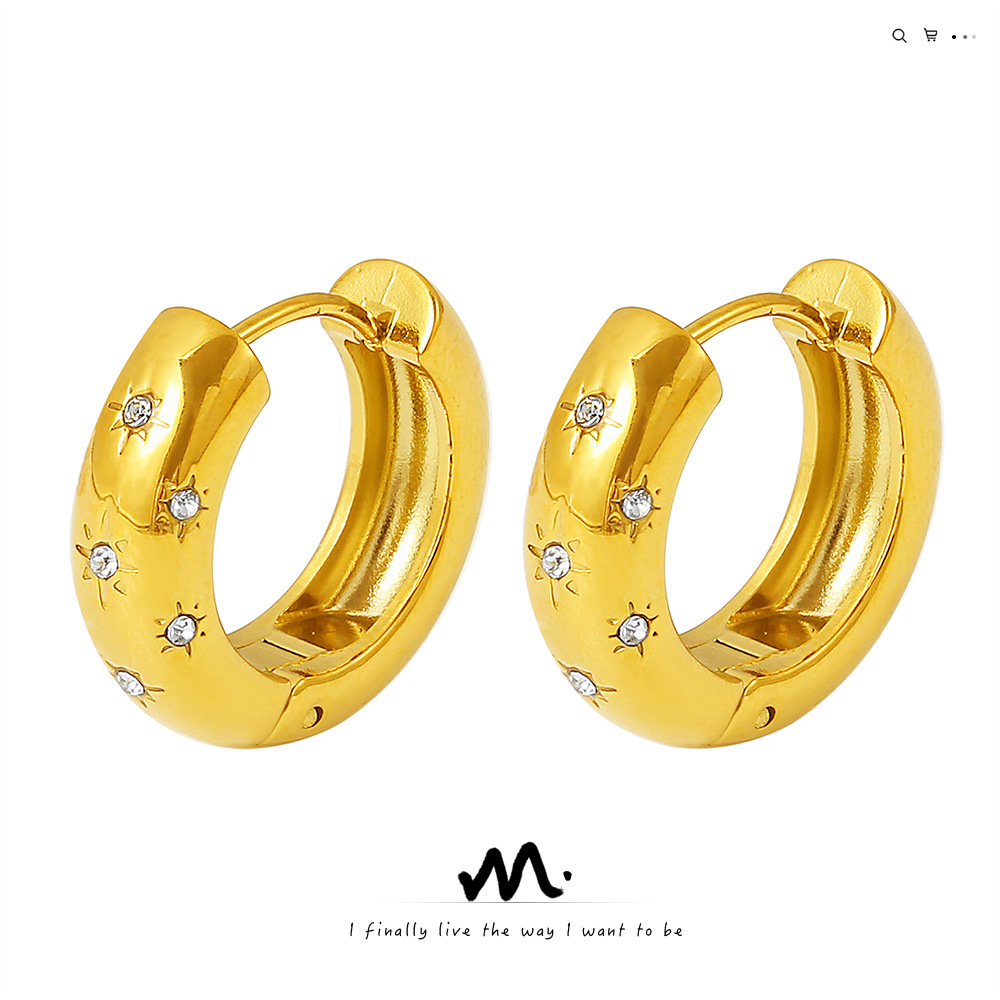 Wholesale French retro temperament micro diamond round eight mangxing titanium steel ear ring cross-border hot 18K real gold ring ear buckle