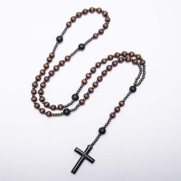 Wholesale Wooden Beads Black Gallstone Cross Religious Women's Necklace Wishing Pendant Long Rosary Necklace