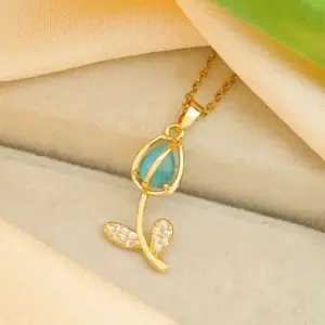 Blue Cat Eye Tulip Necklace / Gold