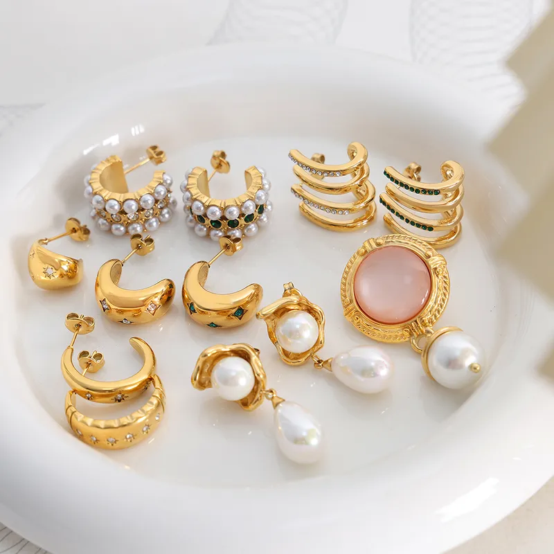 Wholesale PVD Coated Real Gold Plated 18K Gold Geometric Stainless Steel Elegant Luxurious Baroque Style Waterproof Non Tarnish Earrings