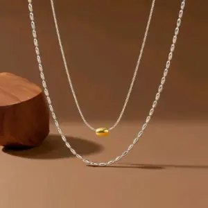 X0382-Gold Beads and Rice Beads Double Chain-Necklace-Steel Color