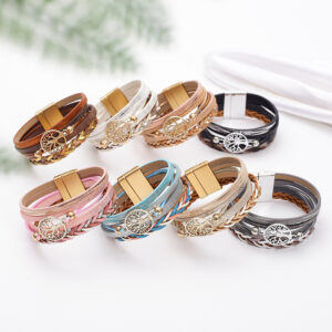 Wholesale Cross-Border Hot Selling Bohemian Ethnic Style Bracelet Multi-Layer Leather Hand-Woven Diamond Magnetic Buckle Personalized Women's Bracelet