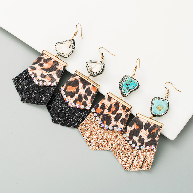 Wholesale Amazon Trendy Leopard Print Long Leather Small Fresh Full Diamond Women Earrings Exaerated Earrings earrings