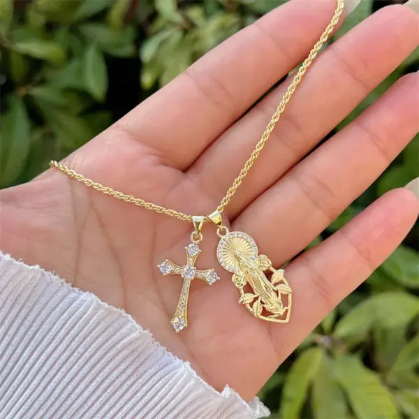Wholesale Jewelry Retro Classic Style Cross Virgin Mary Copper Zircon 18K Gold Plated Pendant Necklace Ball Chain
