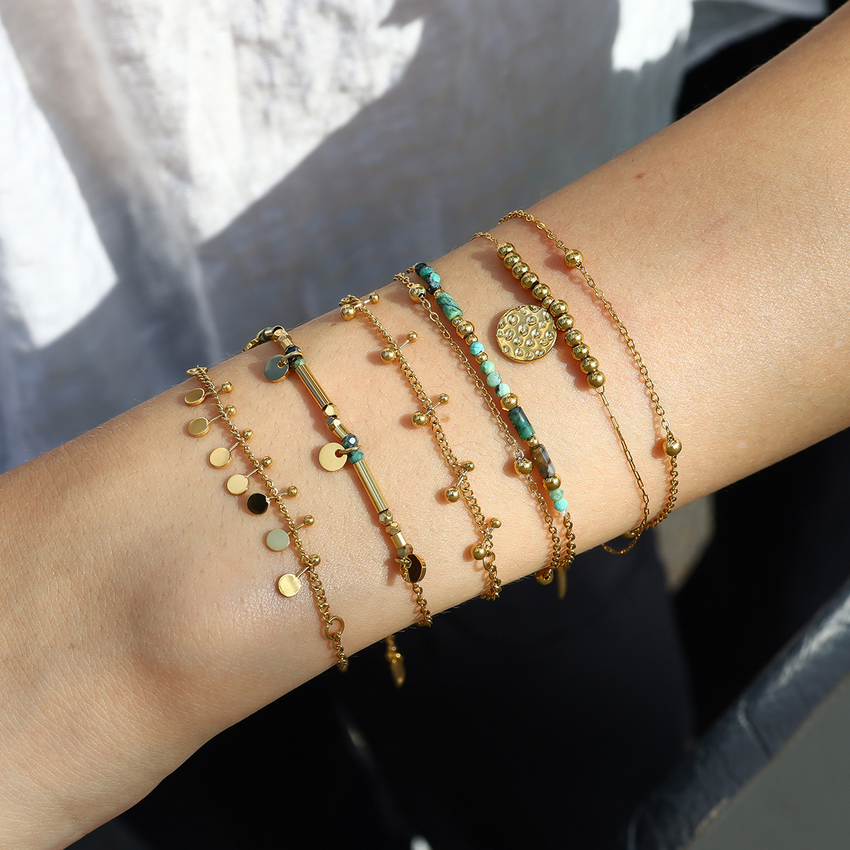 Wholesale Natural stone titanium steel French retro light luxury stacking African turquoise bracelet