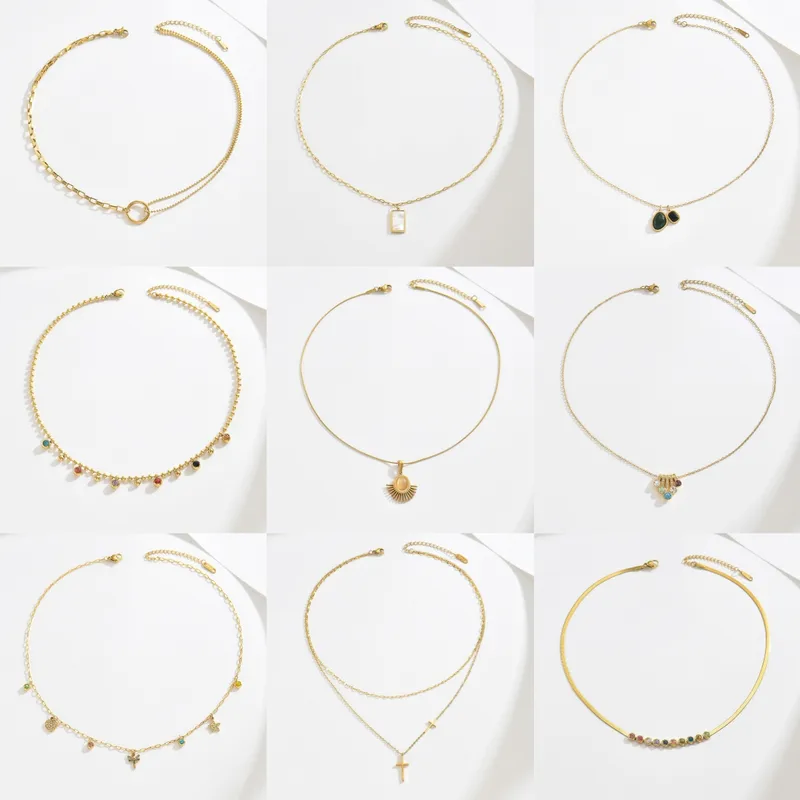 Wholesale A Simple 304 Stainless Steel 18K Gold Plated Vacuum Electroplating (In Furnace) Artificial Diamond Rectangular Asymmetric Handmade Chain Col