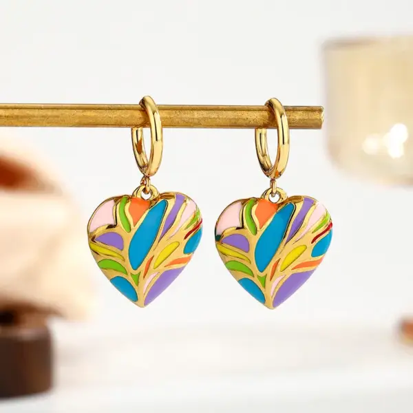 Wholesale Stainless Steel Heart Shape PVD Coated Real Gold Plated 18K Gold Elegant Luxurious Enamel Colour Earrings
