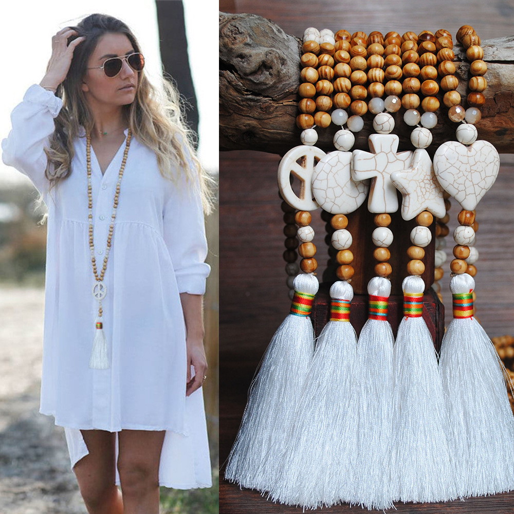 Wholesale Cross-border explosions handmade wooden bead necklace female long tassel sweater chain cross necklace foreign trade jewelry