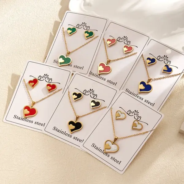 Fashion Style 304 Stainless Steel Water Plated Imitation Gold Double Heart Electroplated Jewelry Set For Women Cable Chain