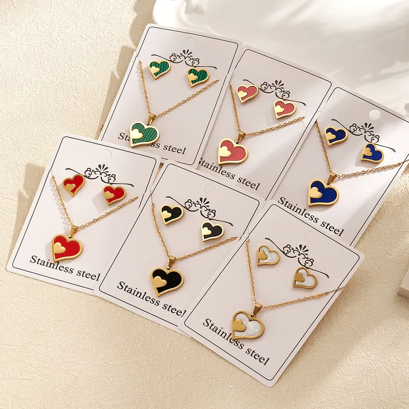 Fashion Style 304 Stainless Steel Water Plated Imitation Gold Double Heart Electroplated Jewelry Set For Women Cable Chain