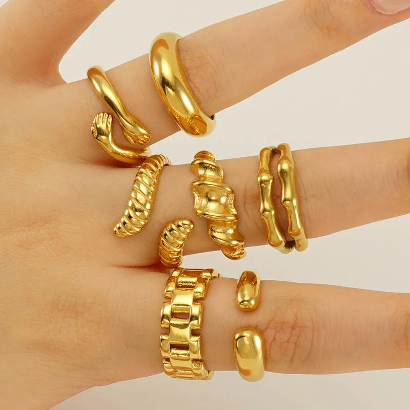 Wholesale PVD Coated 18K Gold Plated Geometric 304 Stainless Steel IG Style Waterproof Non Tarnish Open Ring