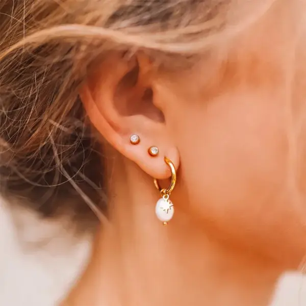 PVD Coated Real Gold Plated 18K Gold Solid Color Stainless Steel Freshwater Pearl Preppy Style Waterproof Non Tarnish Earrings