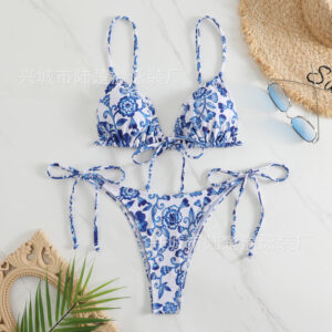 oly-b724d87de24de4f688949fca5dab2efc Wholesale 2023 new small fresh floral swimsuit women's sexy lace-up bikini beach triangle split swimsuit