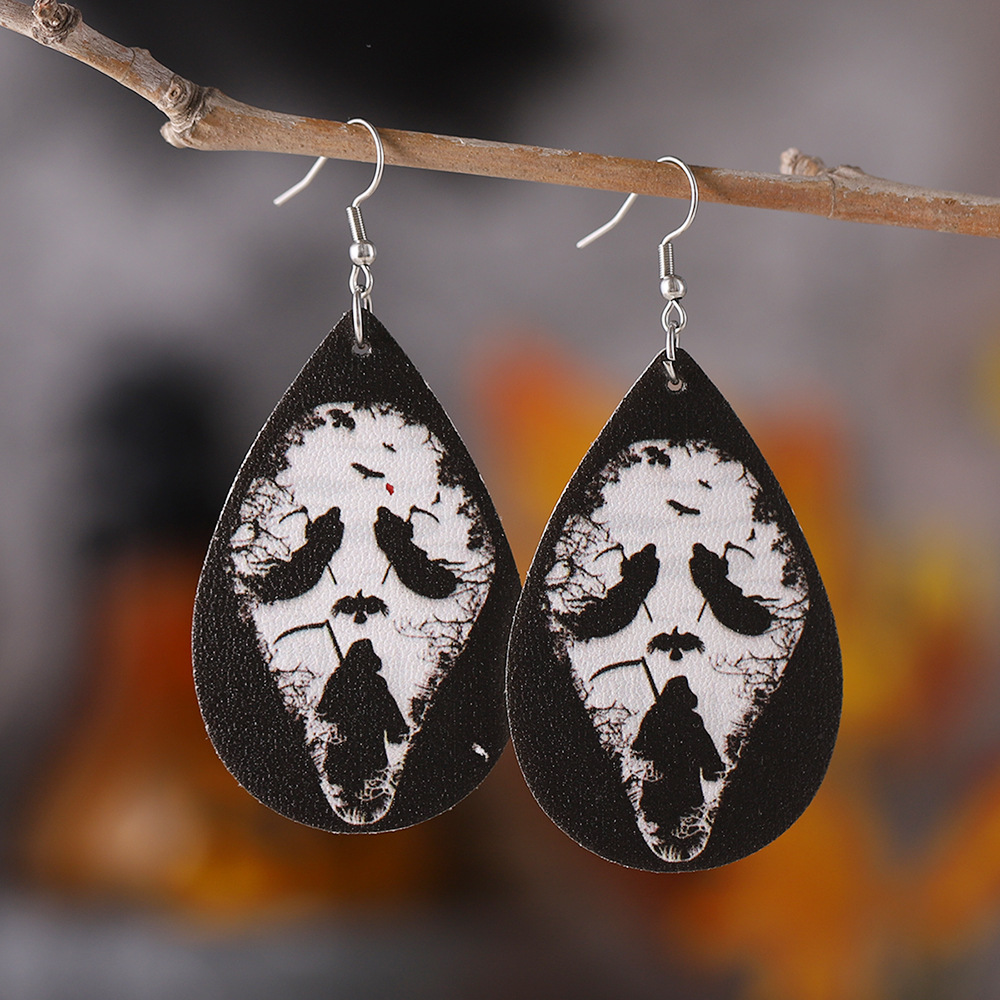 Wholesale Cross-border New Death Bat Skull Water op Pendant Earrings PU Leather Double-sided Ear Jewelry