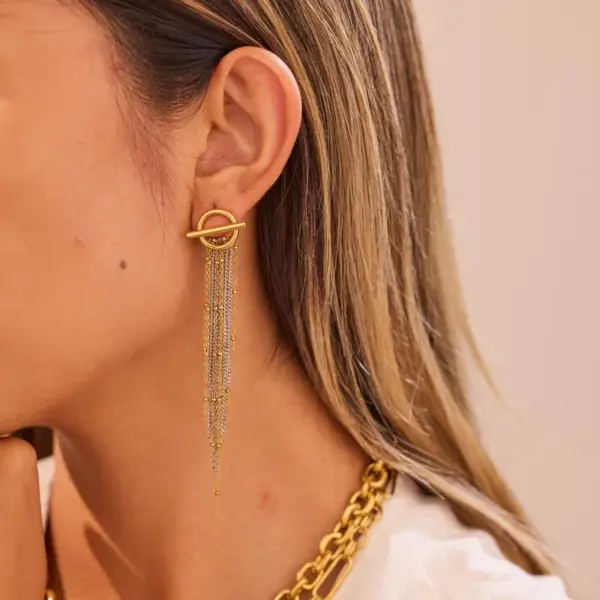 Wholesale Color Block Tassel Long Earrings 304 Stainless Steel Earrings Wind Ear Jewelry Plated 18K Real Gold Vacuum Electroplating