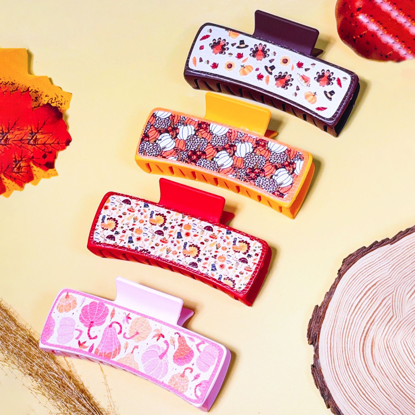 Wholesale Thanksgiving Turkey Pumpkin Leather Print Rectangular Claw Clip