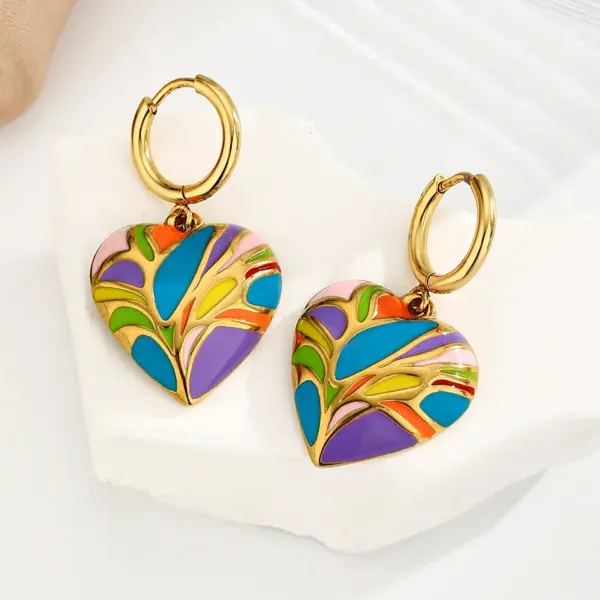 Wholesale Stainless Steel Heart Shape PVD Coated Real Gold Plated 18K Gold Elegant Luxurious Enamel Colour Earrings