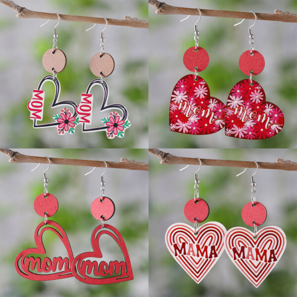 Wholesale New Mother's Day MOM Flower Love Round Pieces Stitching Pendant Earrings Wooden Double-Sided Earrings Mother's Day Gift