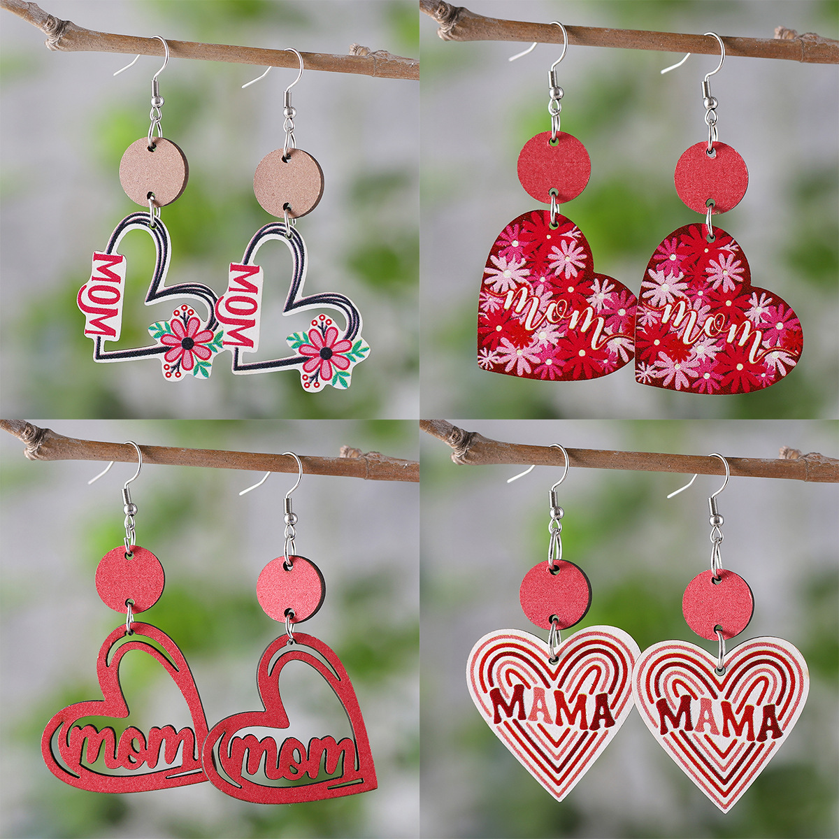 Wholesale New Mother's Day MOM Flower Love Round Pieces ing Pendant Earrings Wooden Double-Sided Earrings Mother's Day Gift