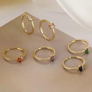 Simple Style Rectangle Copper Plating Inlay Zircon 18k Gold Plated Open Ring