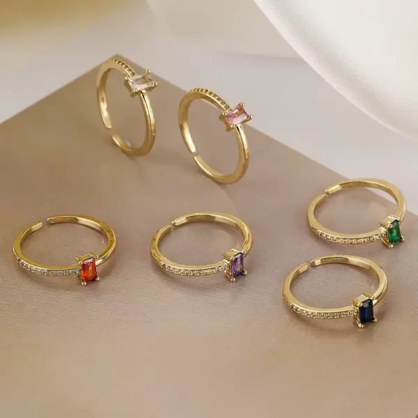 Simple Style Rectangle Copper Plating Inlay Zircon 18k Gold Plated Open Ring