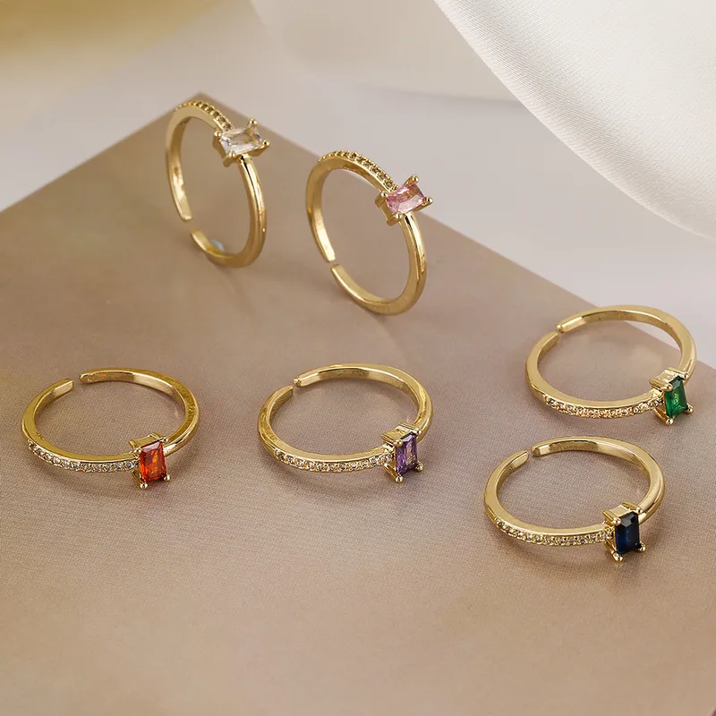 Wholesale Simple Style Rectangle Copper Plating Inlay Zircon 18k Gold Plated Open Ring