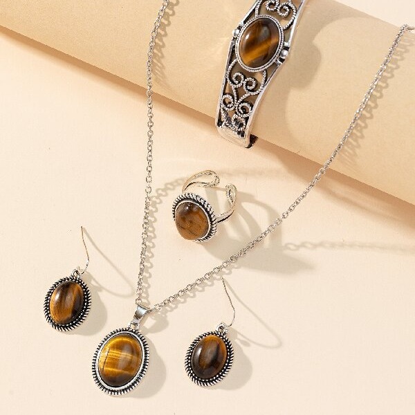 Wholesale Cross-border European and American fashion national style four-piece natural stone tiger eye stone necklace earrings ring bracelet jewelry suit