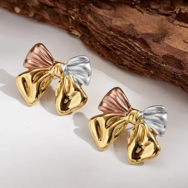 Hot-Selling INS Style 304 Stainless Steel Color-Block Bowknot Heart Straw Hat Flower Water Plated Imitation Gold Polished Earrings