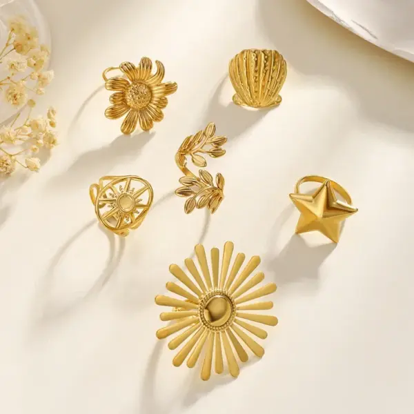 Wholesale PVD Coated Real Gold Plated Sunflower Star Shell 304 Stainless Steel Exaggerated Marine Style Simple Style Waterproof Non Tarnish Open Rings