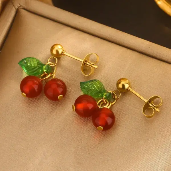 Wholesale 304 Stainless Steel Plastic Cherry Fruit Ion Plating (IP) 18K Gold Plated Cute Sweet Waterproof Non Tarnish Plating O-shaped Chain Box Chain Gold Earrings Necklace Jewelry Set