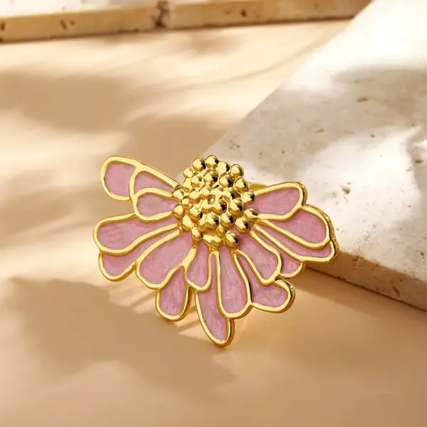 Wholesale Hot-Selling INS Style Real Gold Plated 304 Stainless Steel Furnace Electroplated Oil-Drip Daisy Open Ring Cute Vacation Style
