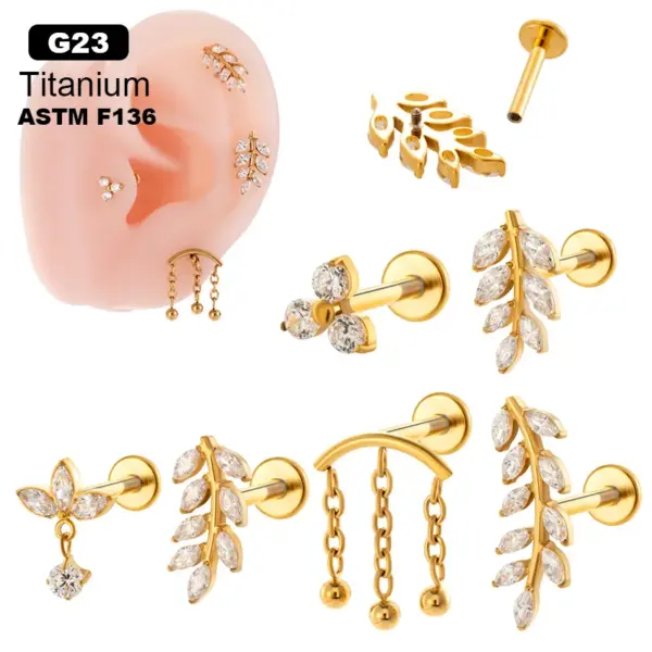 Wholesale 1 Piece Ear Cartilage Rings & Studs Simple Style Classic Style Leaves Chain Pure Titanium Inlay Zircon Ear Cartilage Rings & Studs