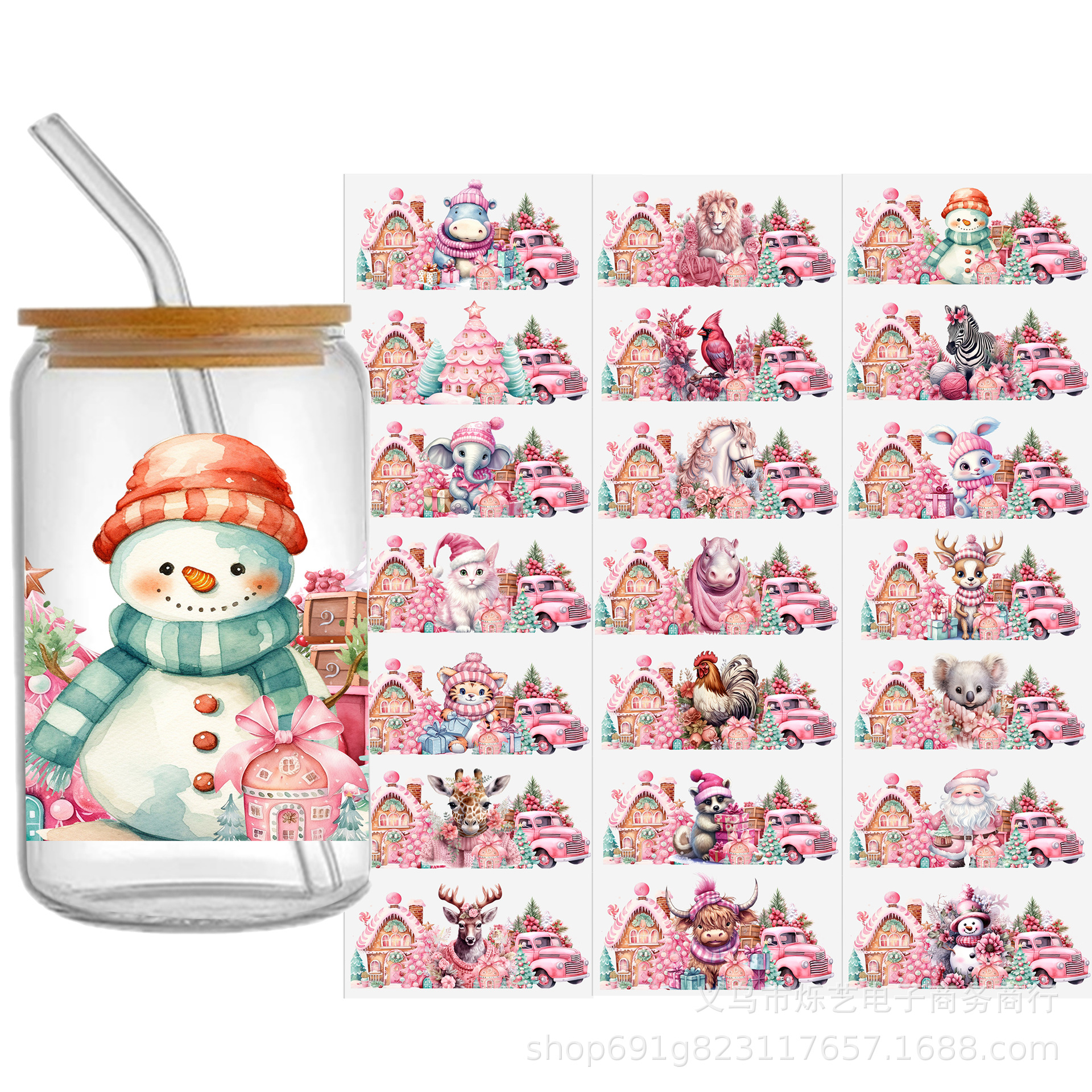 Wholesale Cute Animal Christmas Pink 16oz C UV DTF Wraps