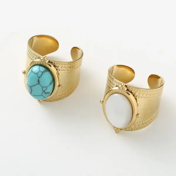 Wholesale Retro Oval Stainless Steel Turquoise Wide Band Rings In Bulk