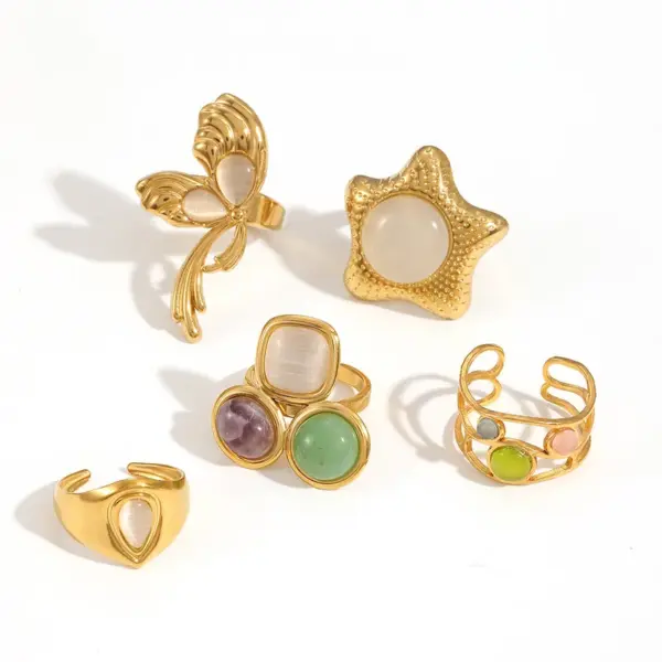 Wholesale PVD Coated Real Gold Plated 18K Pentagram Geometric Butterfly 304 Stainless Steel French Style Waterproof Non Tarnish Open Rings