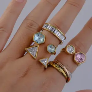 Wholesale Elegant Open Ring Stainless Steel Plated 18K Gold Set With Zirconia Triangle Rhombus Design Casual Versatile Jewelry Accessory