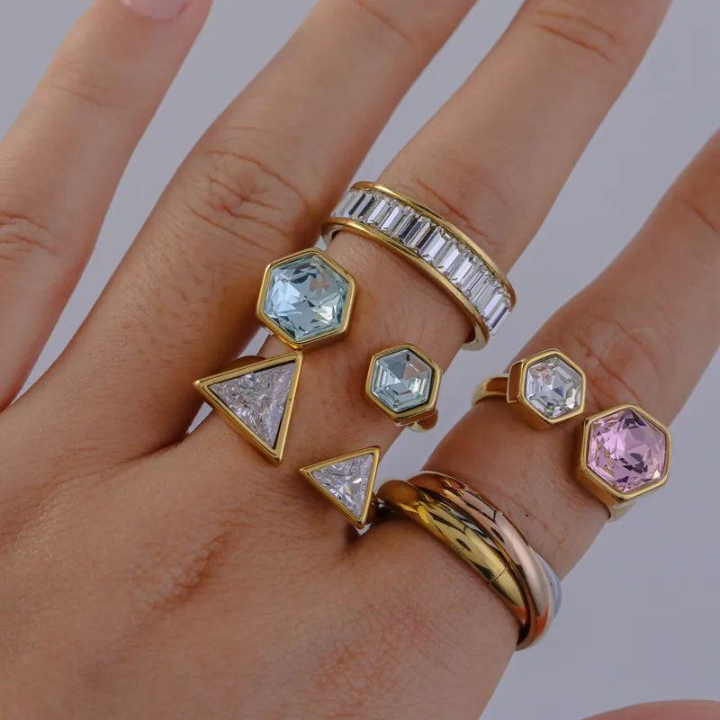 Wholesale Elegant Open Ring Stainless Steel Plated 18K Gold Set With Zirconia Triangle Rhombus Design Casual Versatile Jewelry Accessory