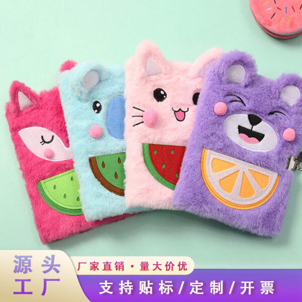Wholesale New Student Plush Notebook with Lock Watermelon Cat Cute Three-dimensional Animal Stationery Notepad Factory Outlet