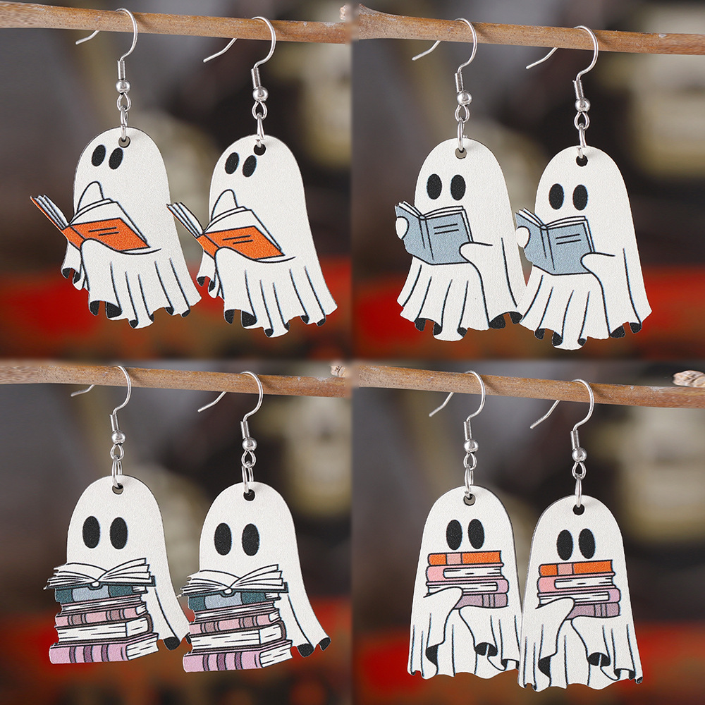 Wholesale Cross-Border Book Ghost Earrings Wooden Gothic Style Double-Sided Earrings Book Enthusiasts Gift