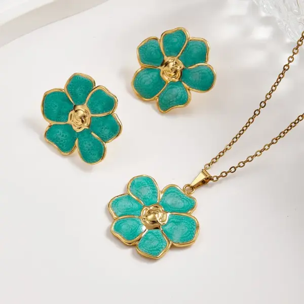 Wholesale European And American Hot-Selling Fashion INS Style 304 Stainless Steel Water Plated Imitation Gold Colorful Oil Drop Flower Earrings Necklace Jewelry Set